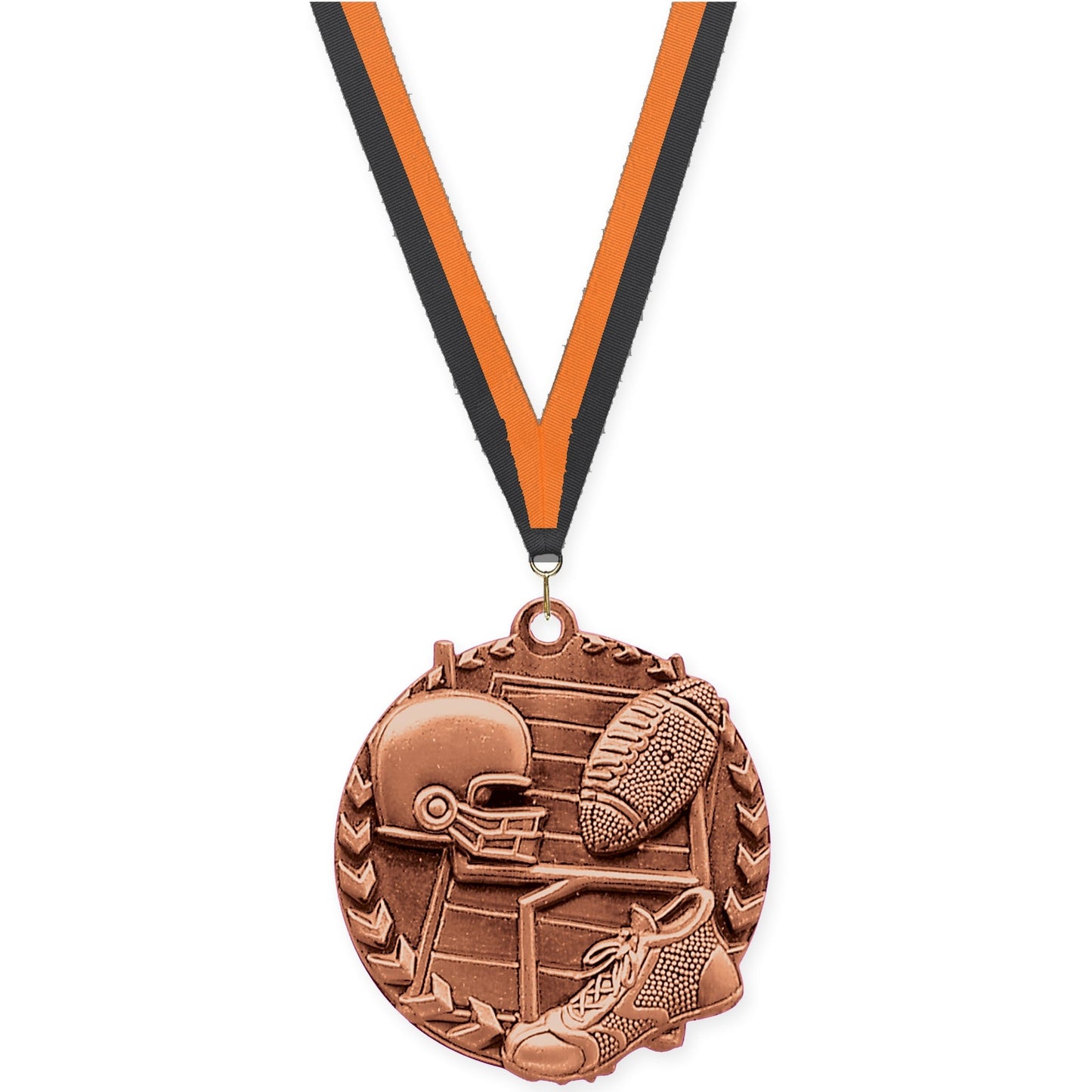 1 3/4 inch football Millennium medal in bright bronze with Black Orange neck ribbon