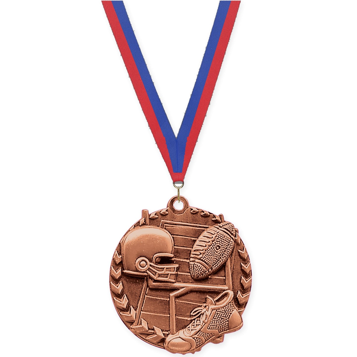 1 3/4 inch football Millennium medal in bright bronze with Blue Red neck ribbon