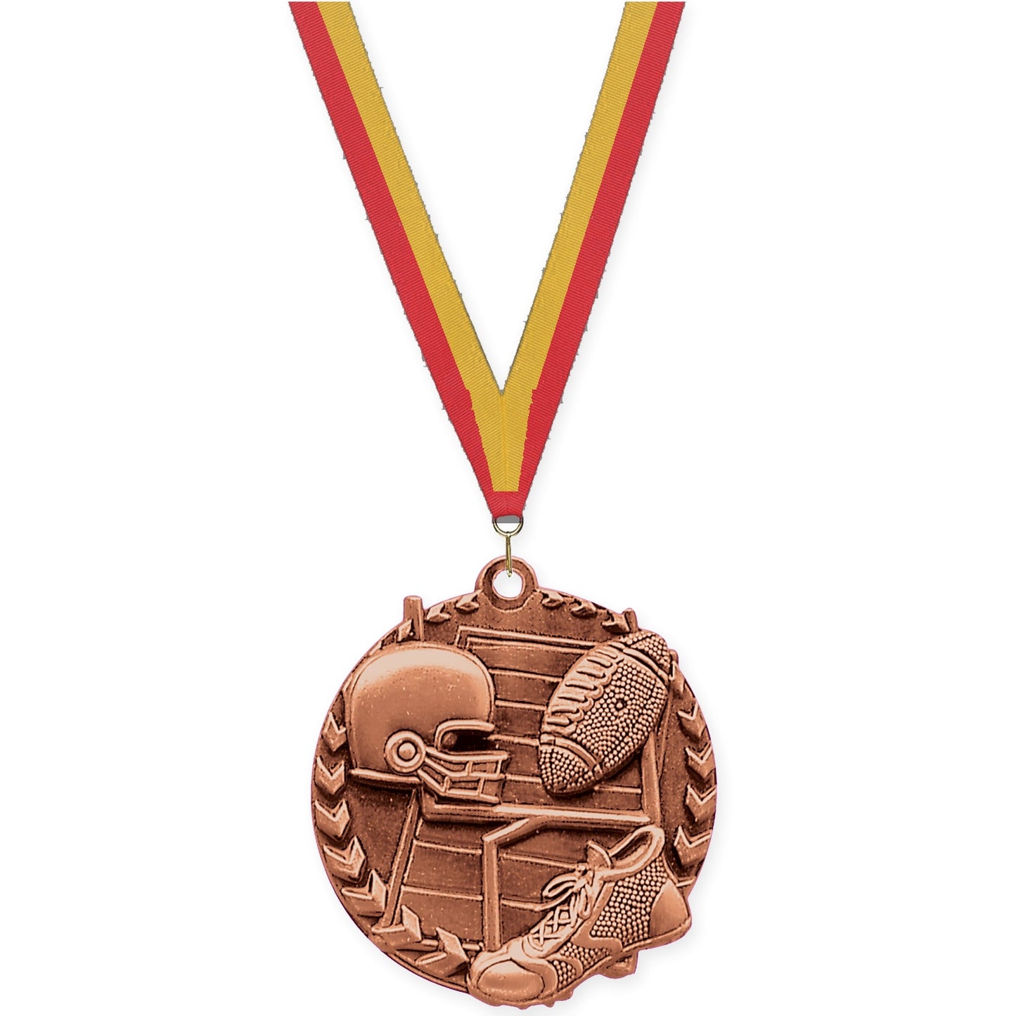 1 3/4 inch football Millennium medal in bright bronze with Red Gold neck ribbon