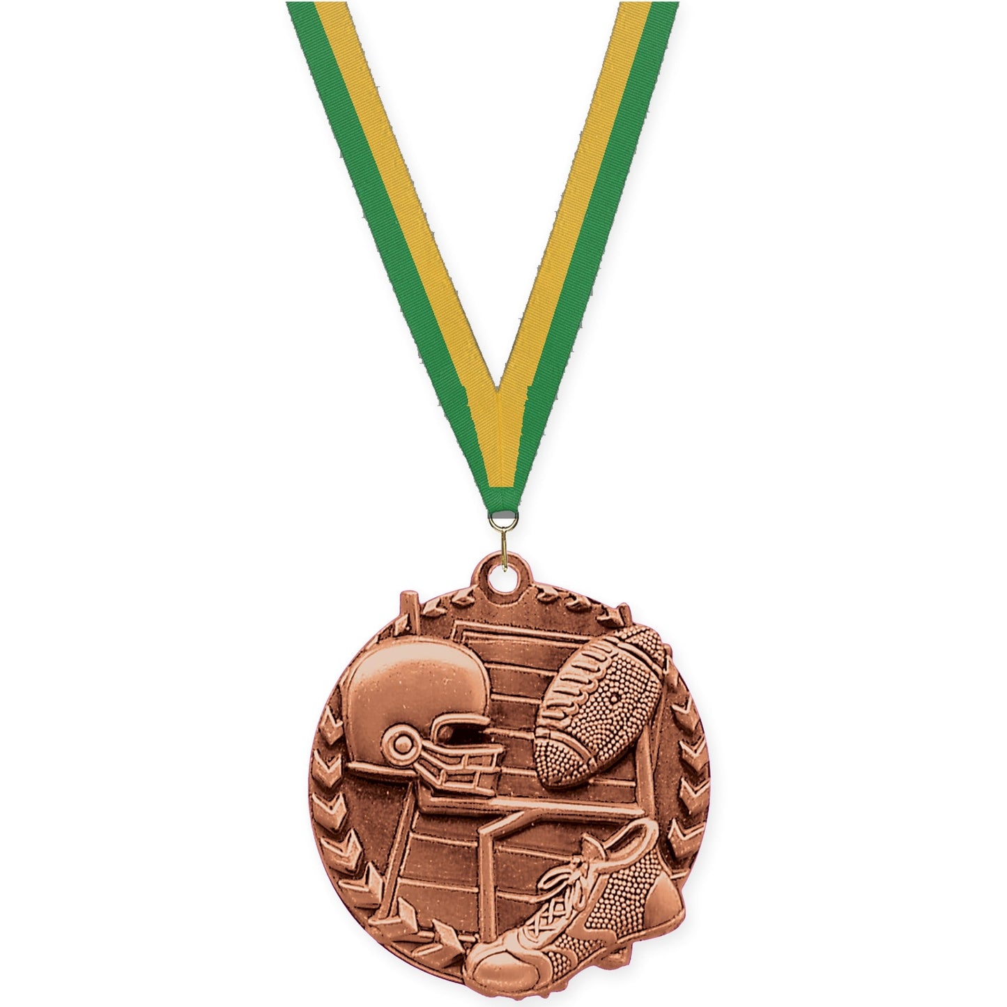 1 3/4 inch football Millennium medal in bright bronze with Green Gold neck ribbon