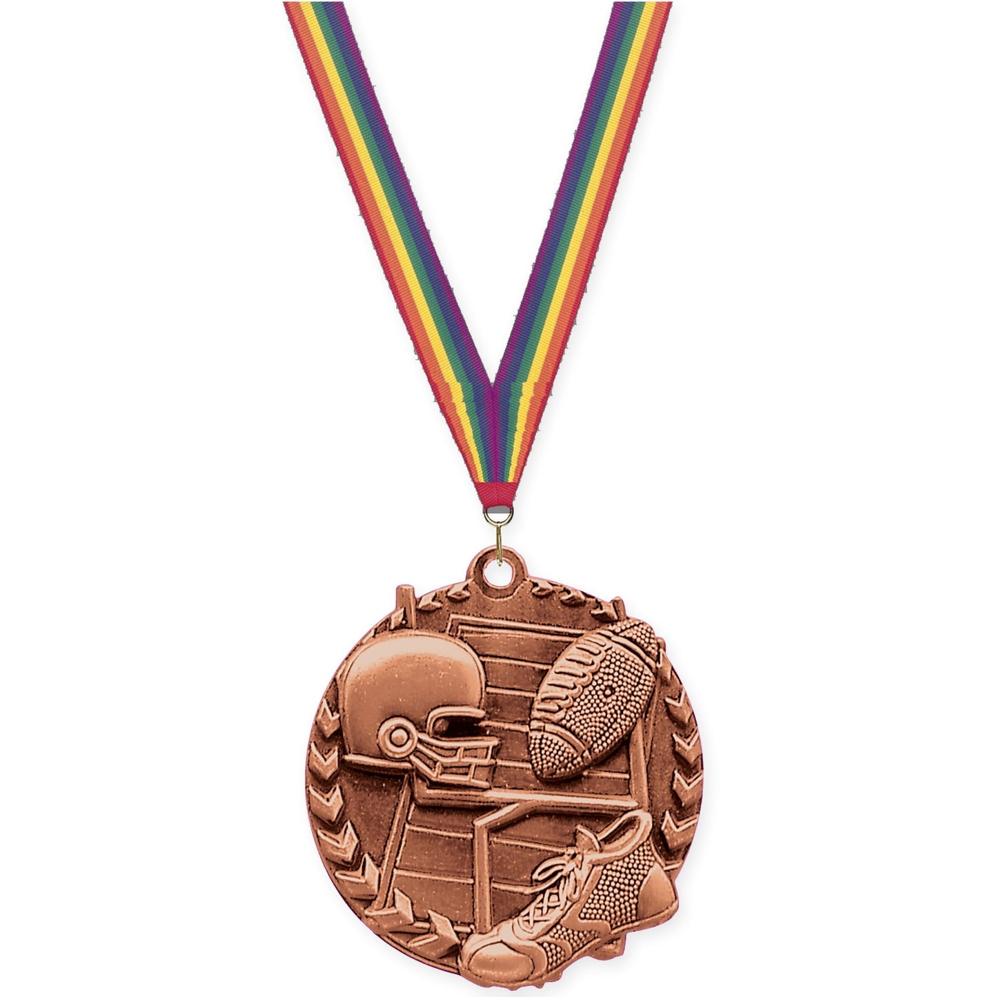 1 3/4 inch football Millennium medal in bright bronze with Rainbow neck ribbon