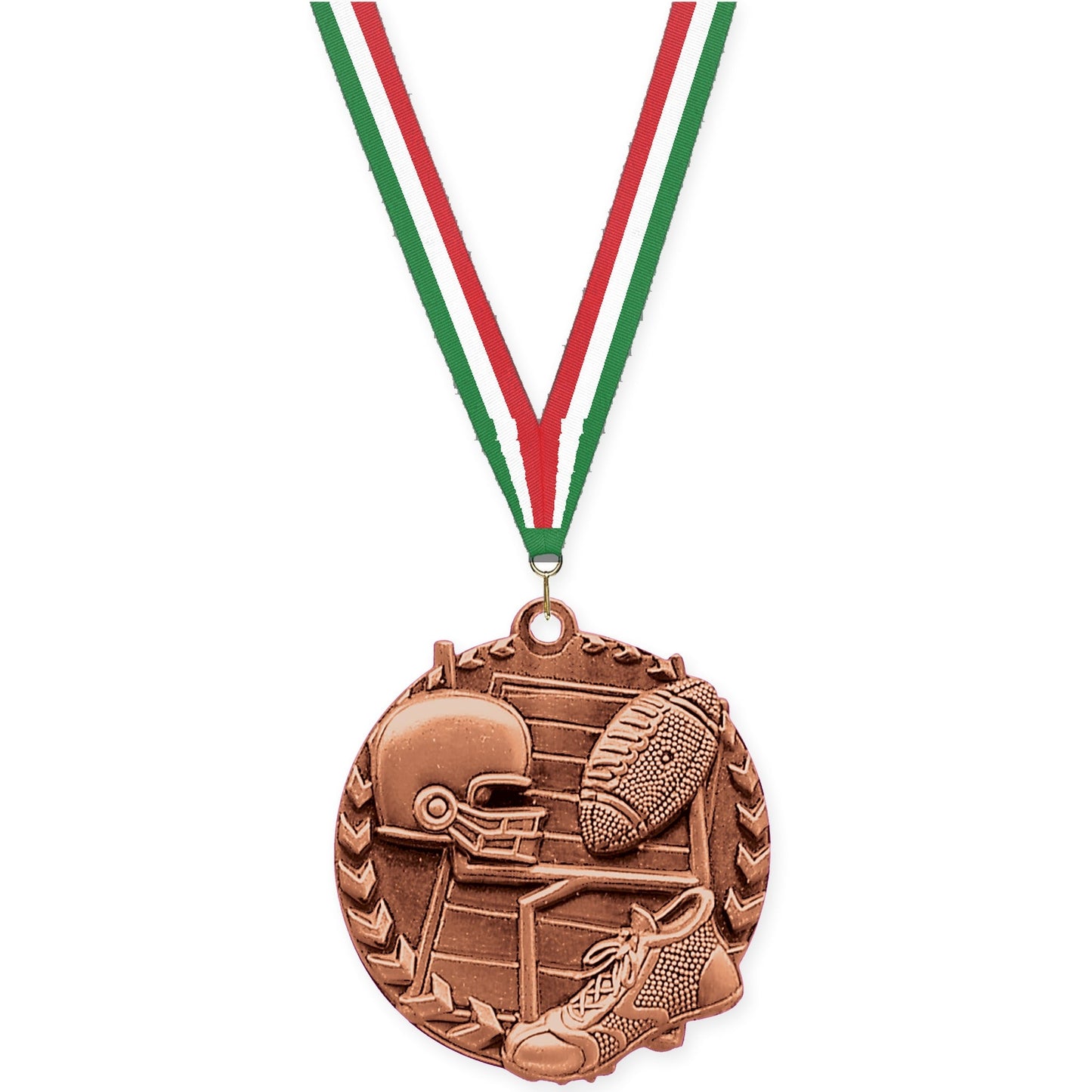 1 3/4 inch football Millennium medal in bright bronze with Green White Red neck ribbon