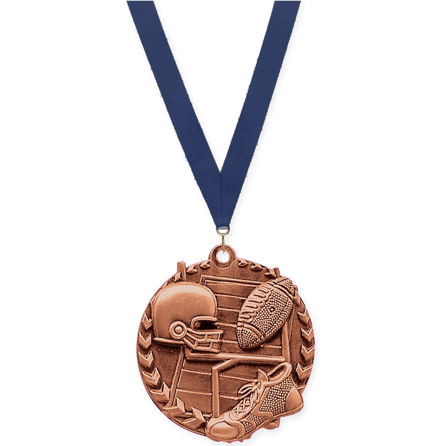 1 3/4 inch football Millennium medal in bright bronze with Navy neck ribbon