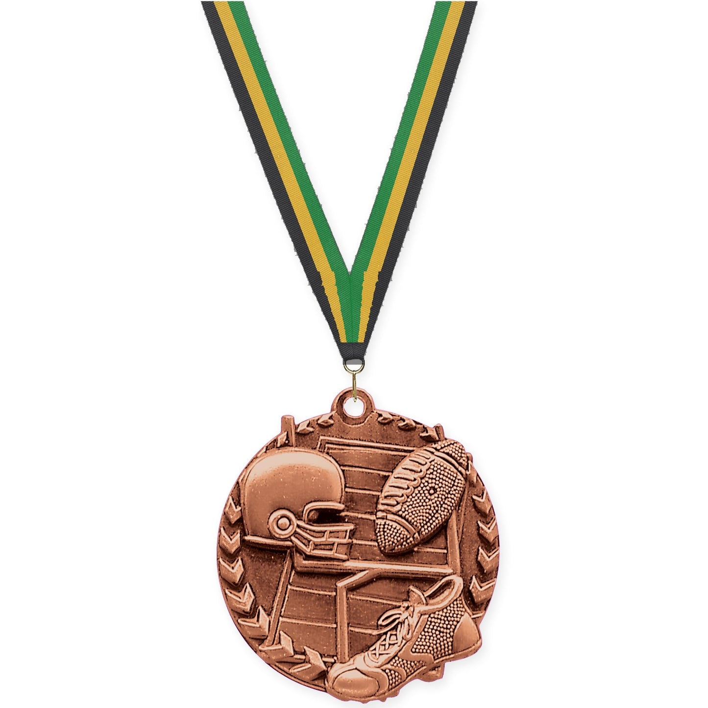 1 3/4 inch football Millennium medal in bright bronze with Black Gold Green neck ribbon
