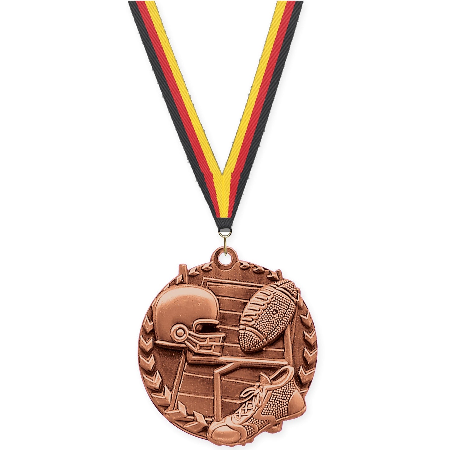 1 3/4 inch football Millennium medal in bright bronze with Black Red Yellow neck ribbon