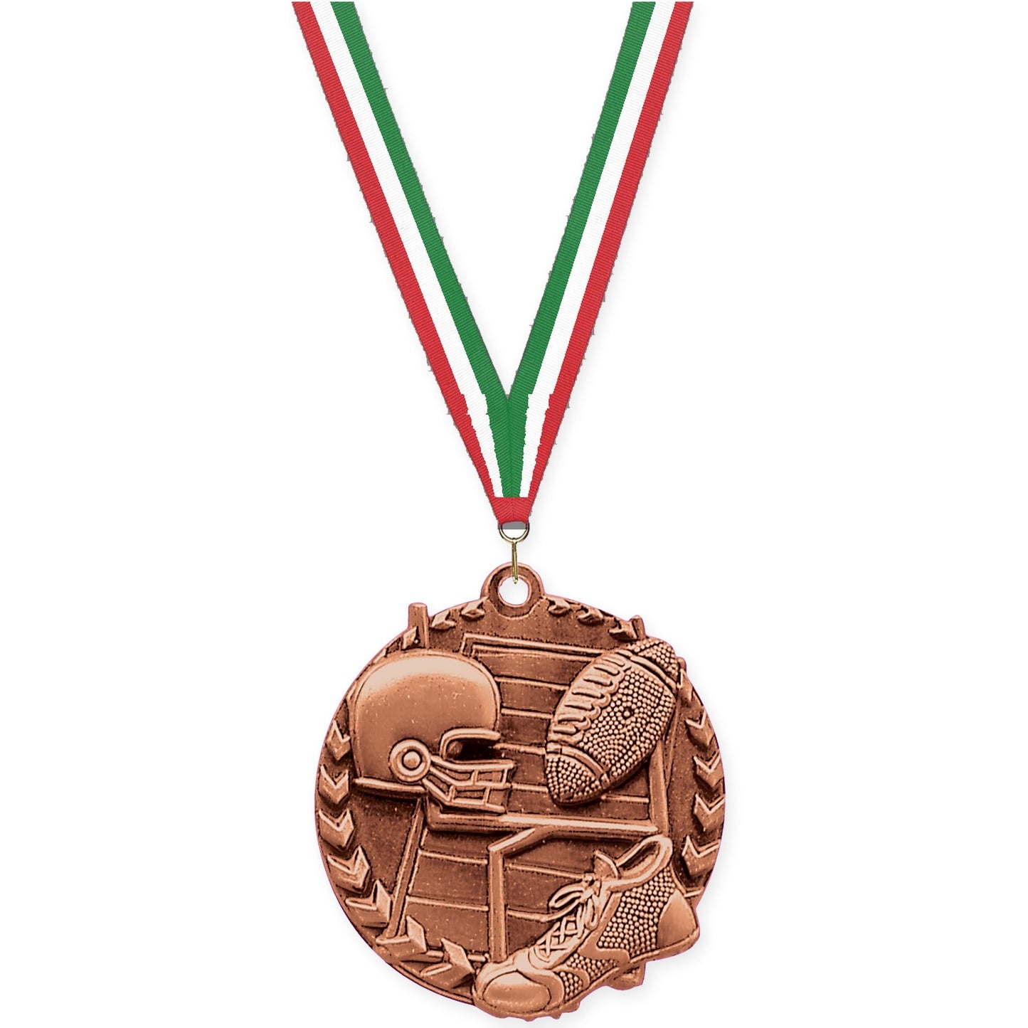 1 3/4 inch football Millennium medal in bright bronze with Red White Green neck ribbon