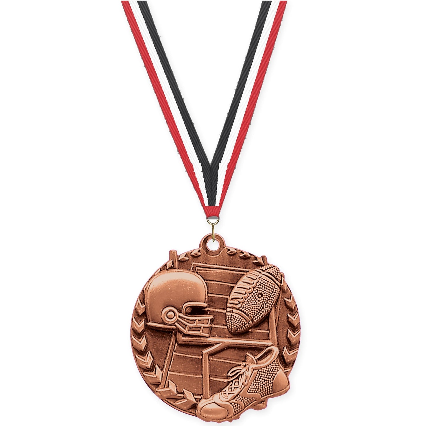 1 3/4 inch football Millennium medal in bright bronze with Red White Black neck ribbon