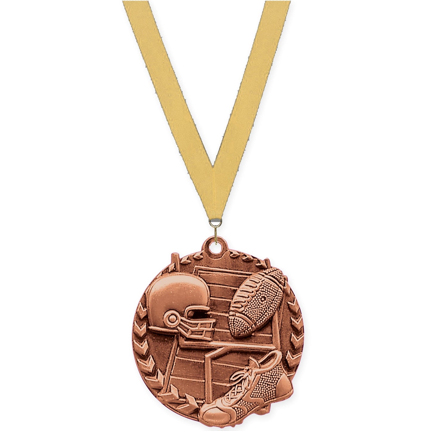 1 3/4 inch football Millennium medal in bright bronze with Gold Metallic neck ribbon