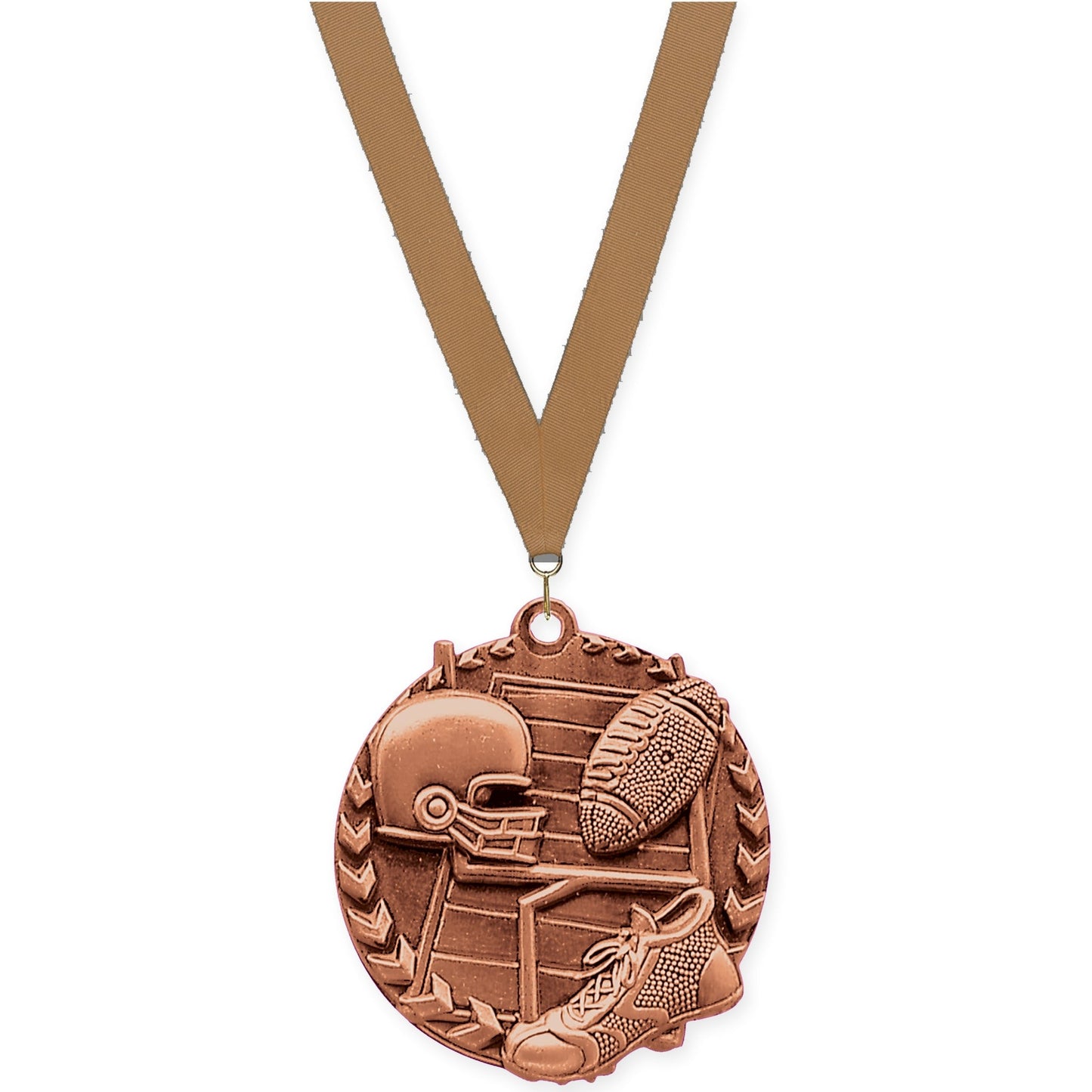 1 3/4 inch football Millennium medal in bright bronze with Bronze Metallic neck ribbon
