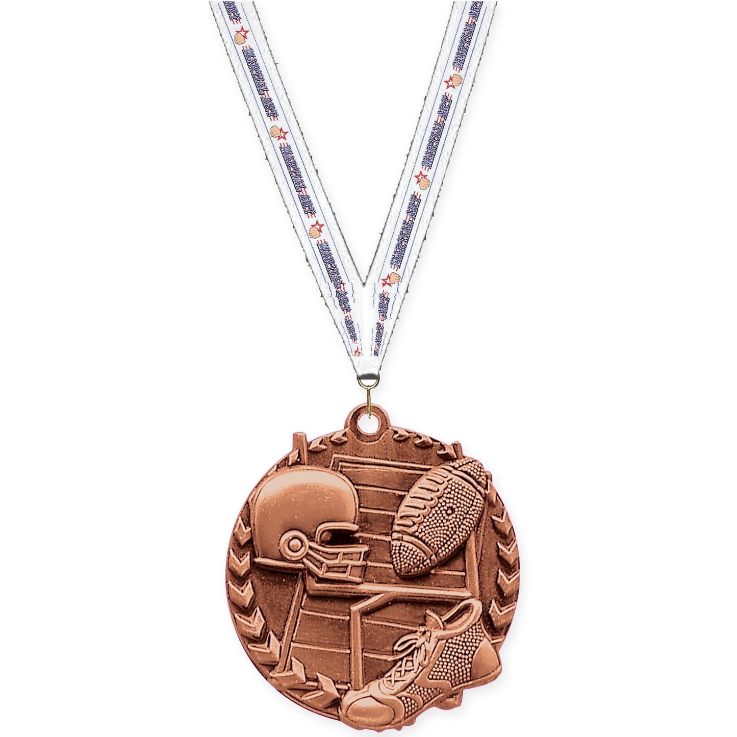 1 3/4 inch football Millennium medal in bright bronze with Martial Arts neck ribbon
