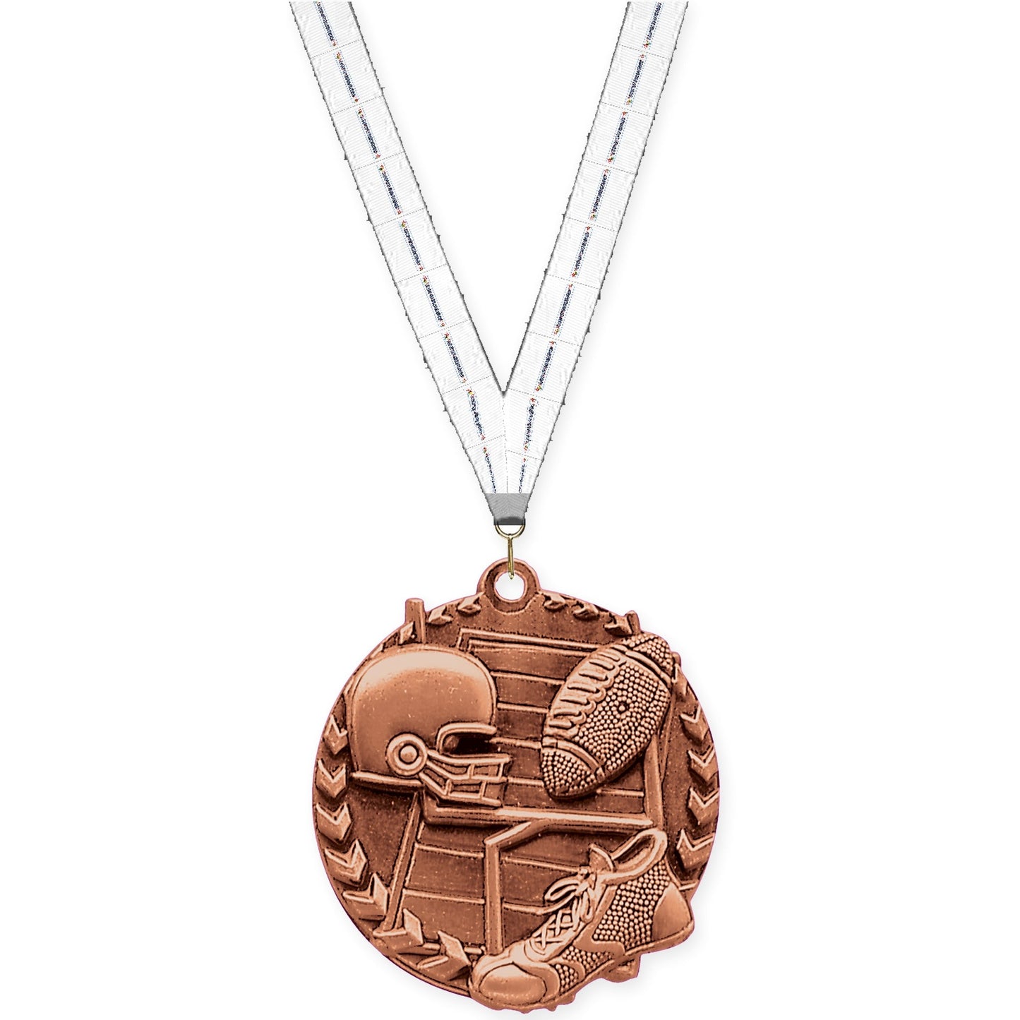 1 3/4 inch football Millennium medal in bright bronze with Lamp Of Knowledge neck ribbon