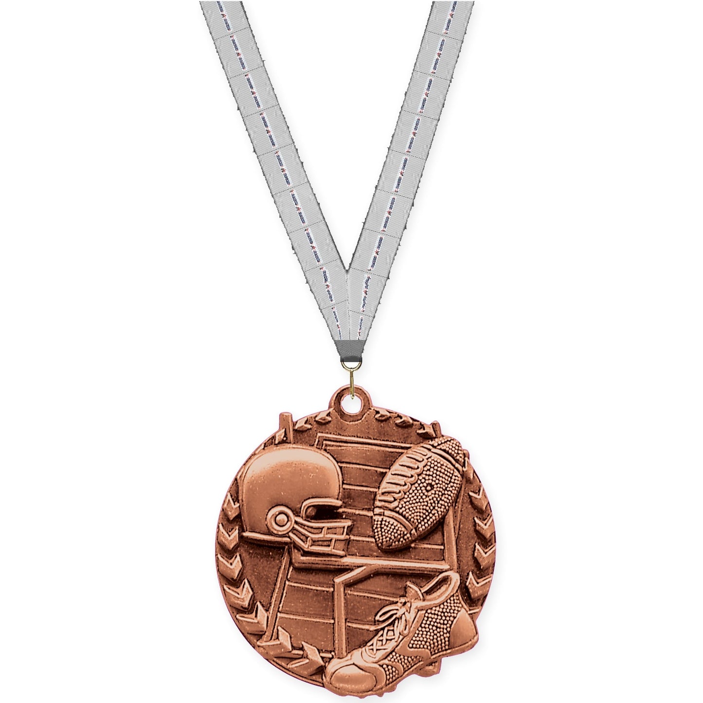 1 3/4 inch football Millennium medal in bright bronze with Auto Racing neck ribbon