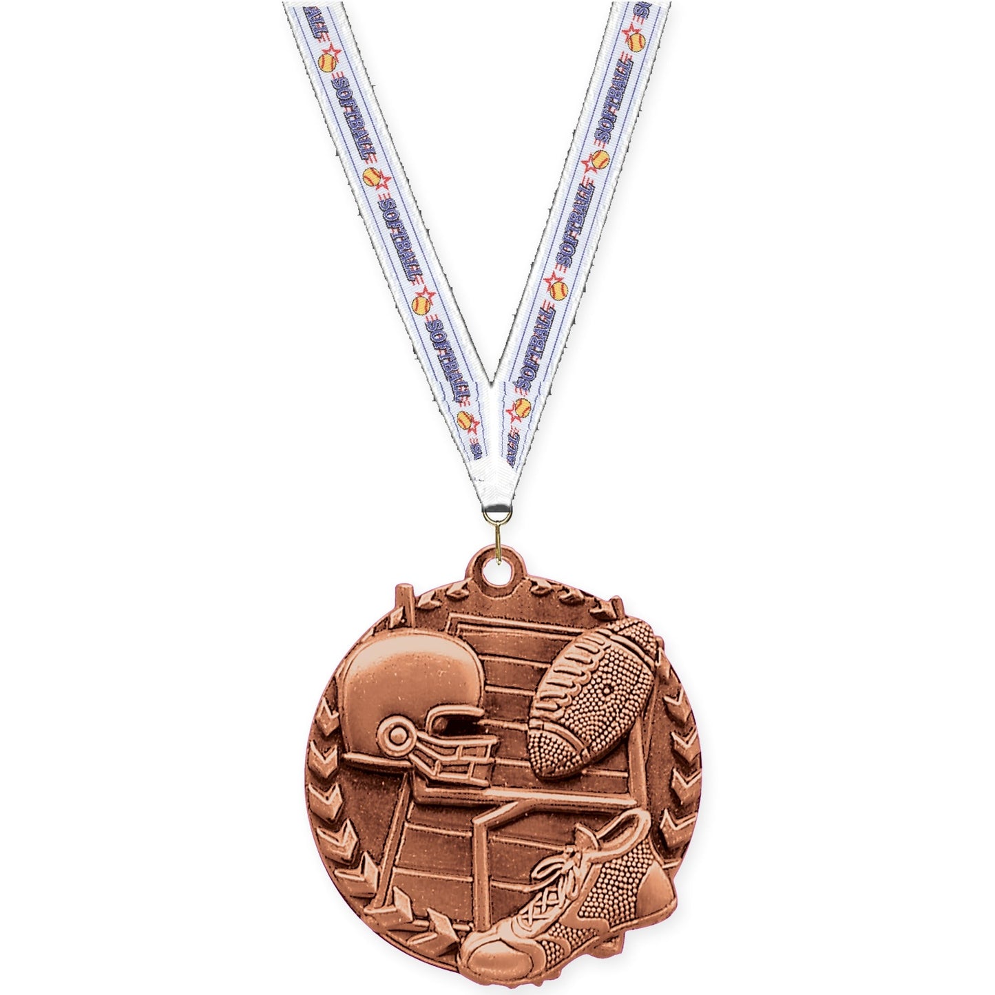 1 3/4 inch football Millennium medal in bright bronze with Softball neck ribbon