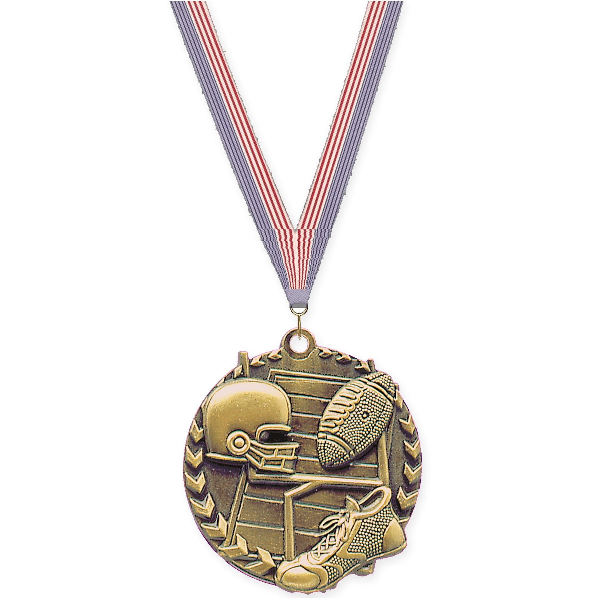 1 3/4 inch football Millennium medal in bright gold with USA Flag neck ribbon
