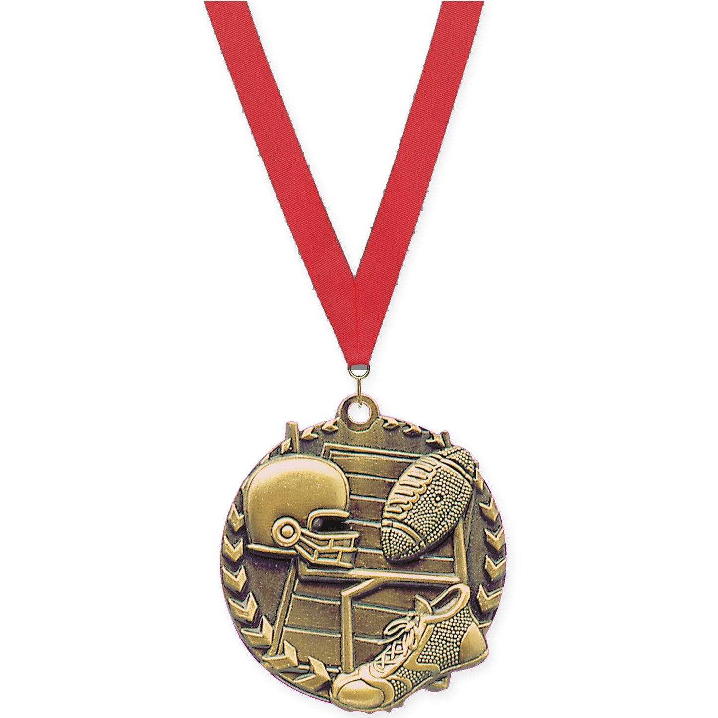 1 3/4 inch football Millennium medal in bright gold with Red neck ribbon