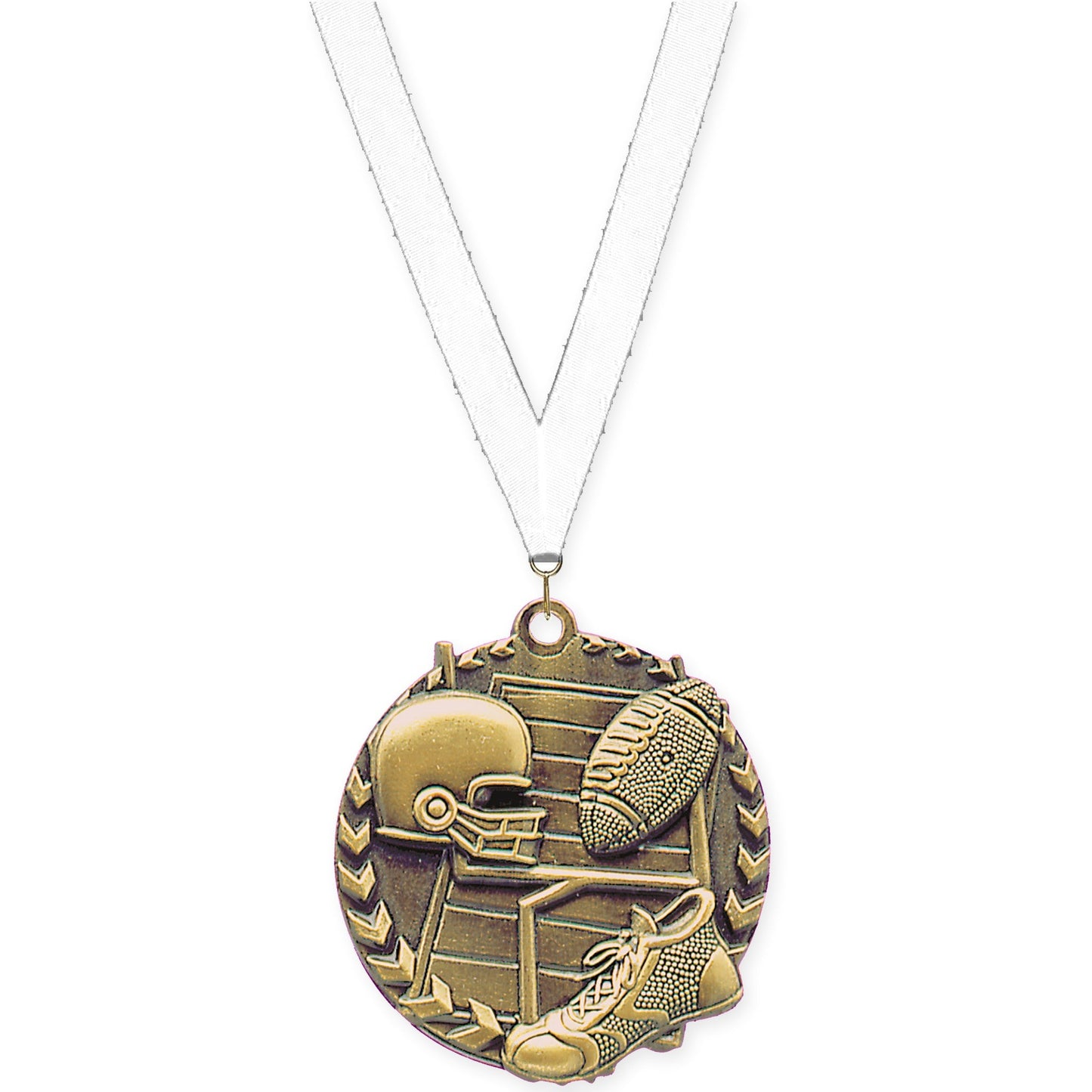 1 3/4 inch football Millennium medal in bright gold with White neck ribbon