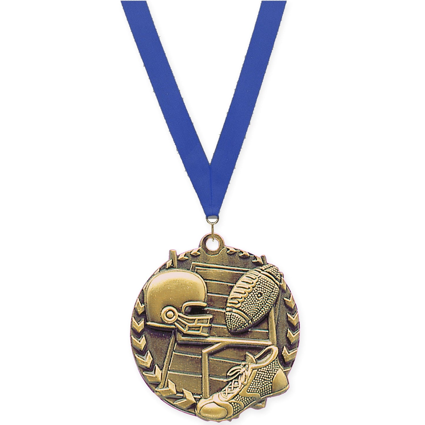 1 3/4 inch football Millennium medal in bright gold with Blue neck ribbon