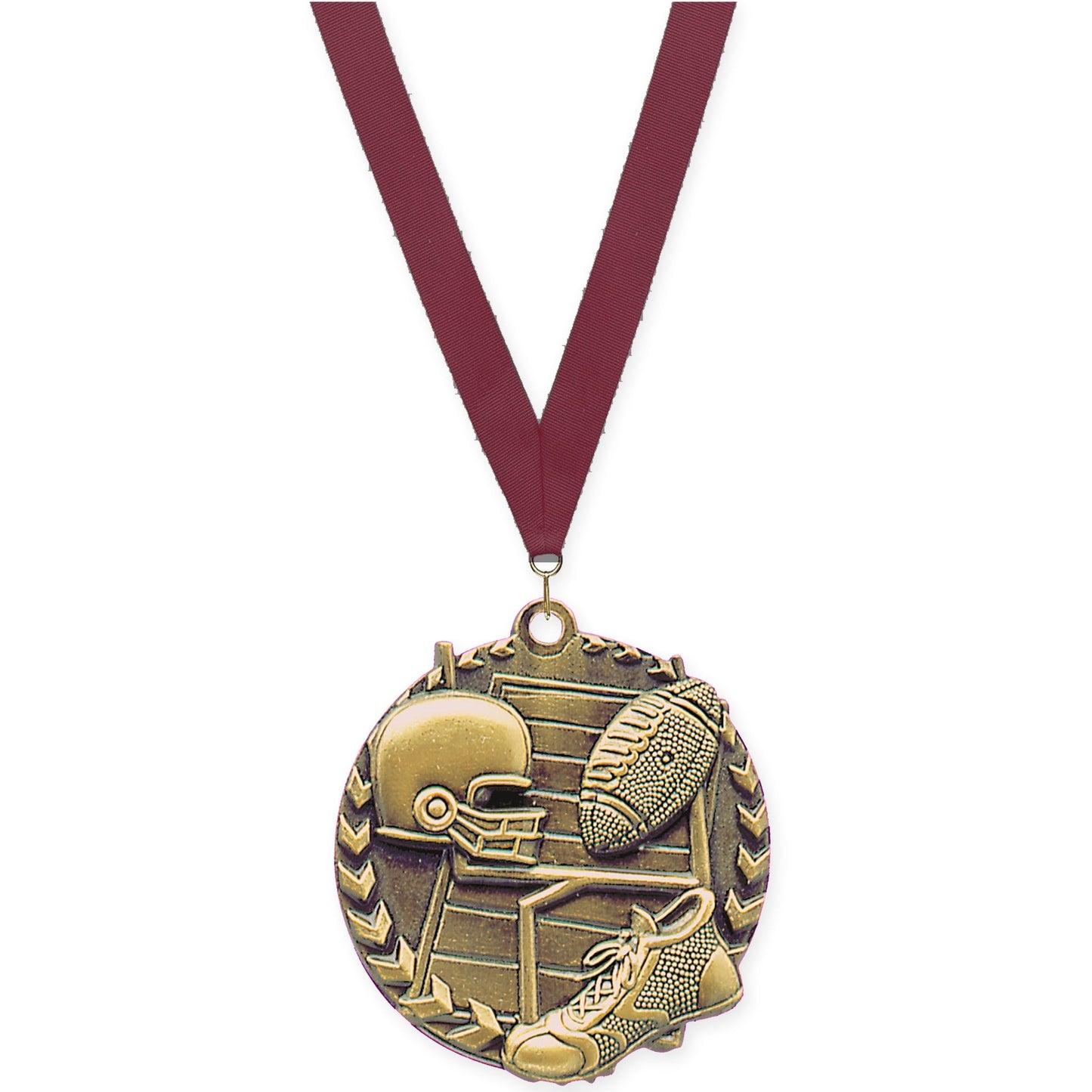 1 3/4 inch football Millennium medal in bright gold with Maroon neck ribbon