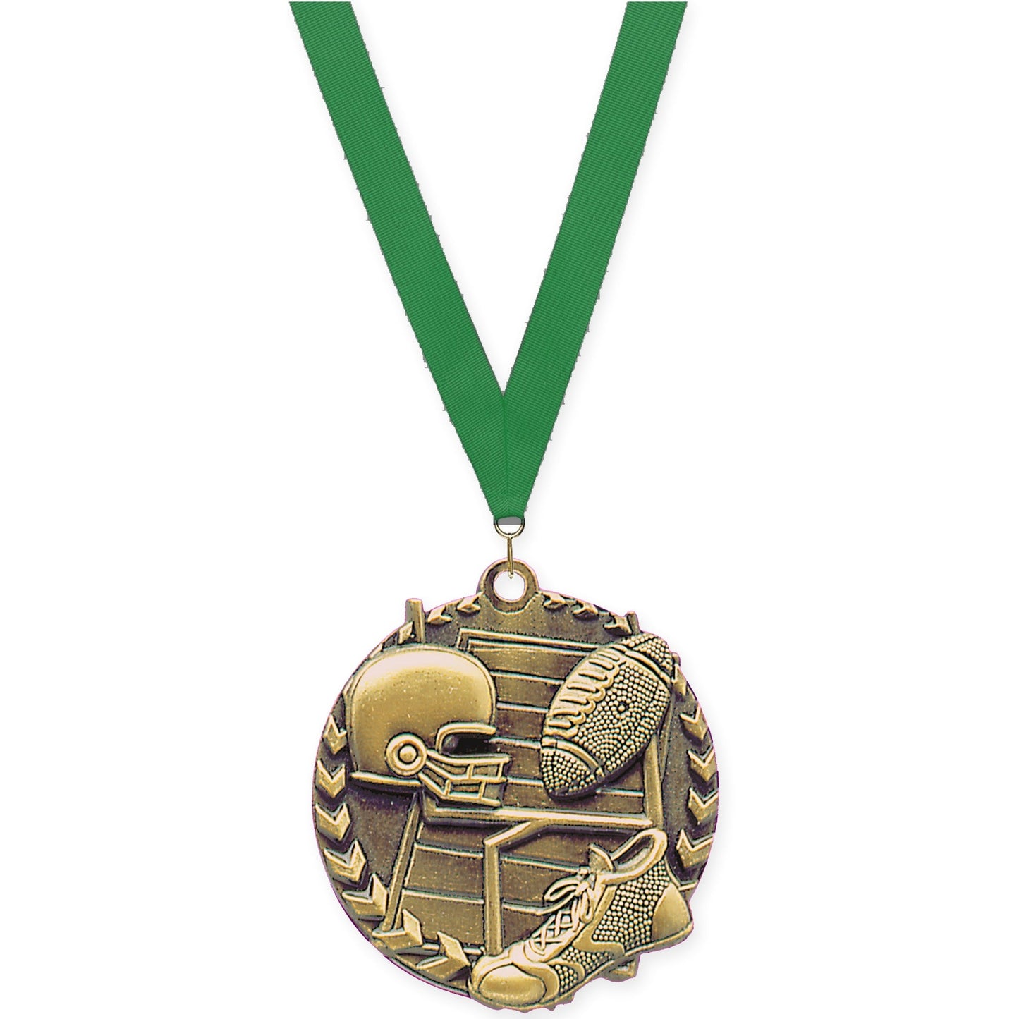1 3/4 inch football Millennium medal in bright gold with Green neck ribbon
