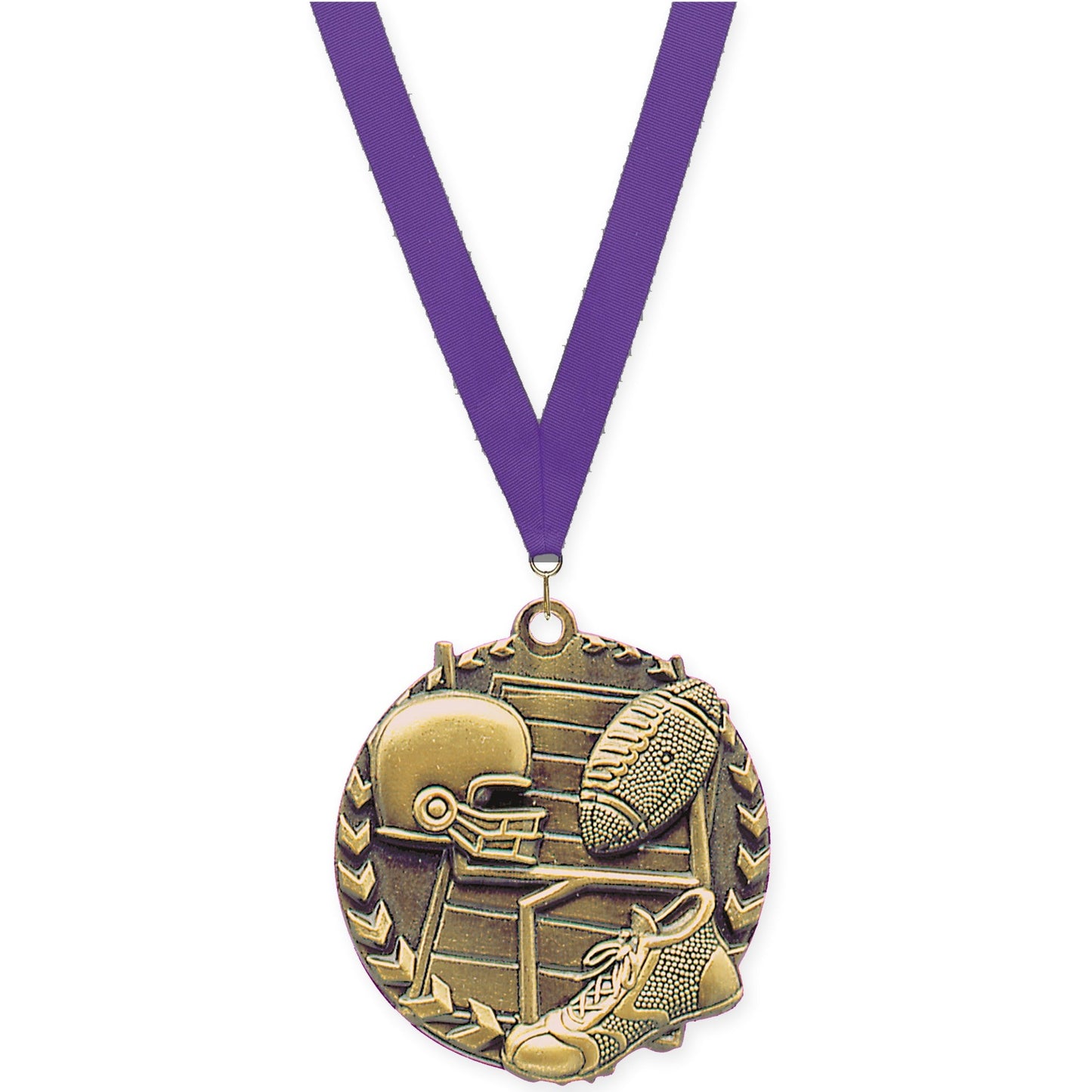 1 3/4 inch football Millennium medal in bright gold with Purple neck ribbon