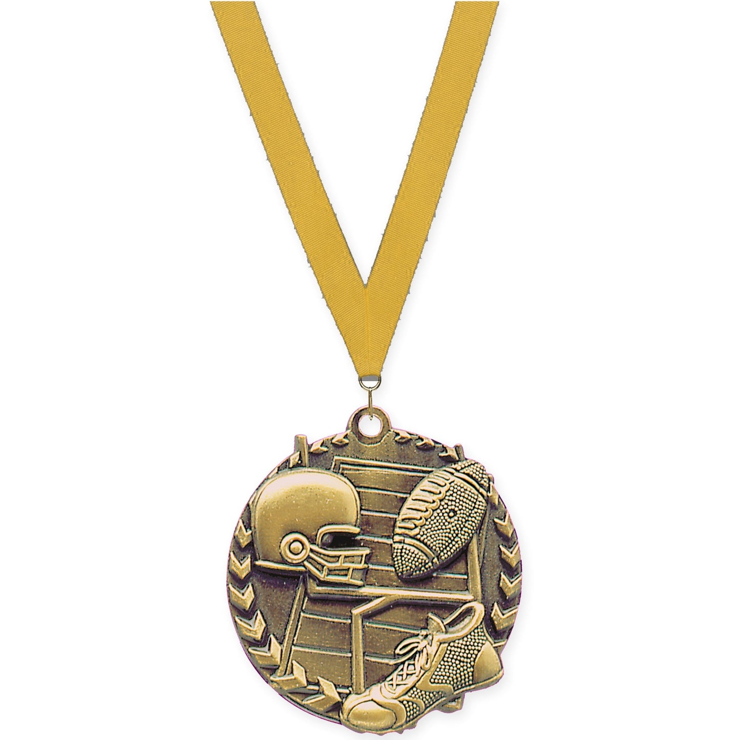 1 3/4 inch football Millennium medal in bright gold with Gold neck ribbon