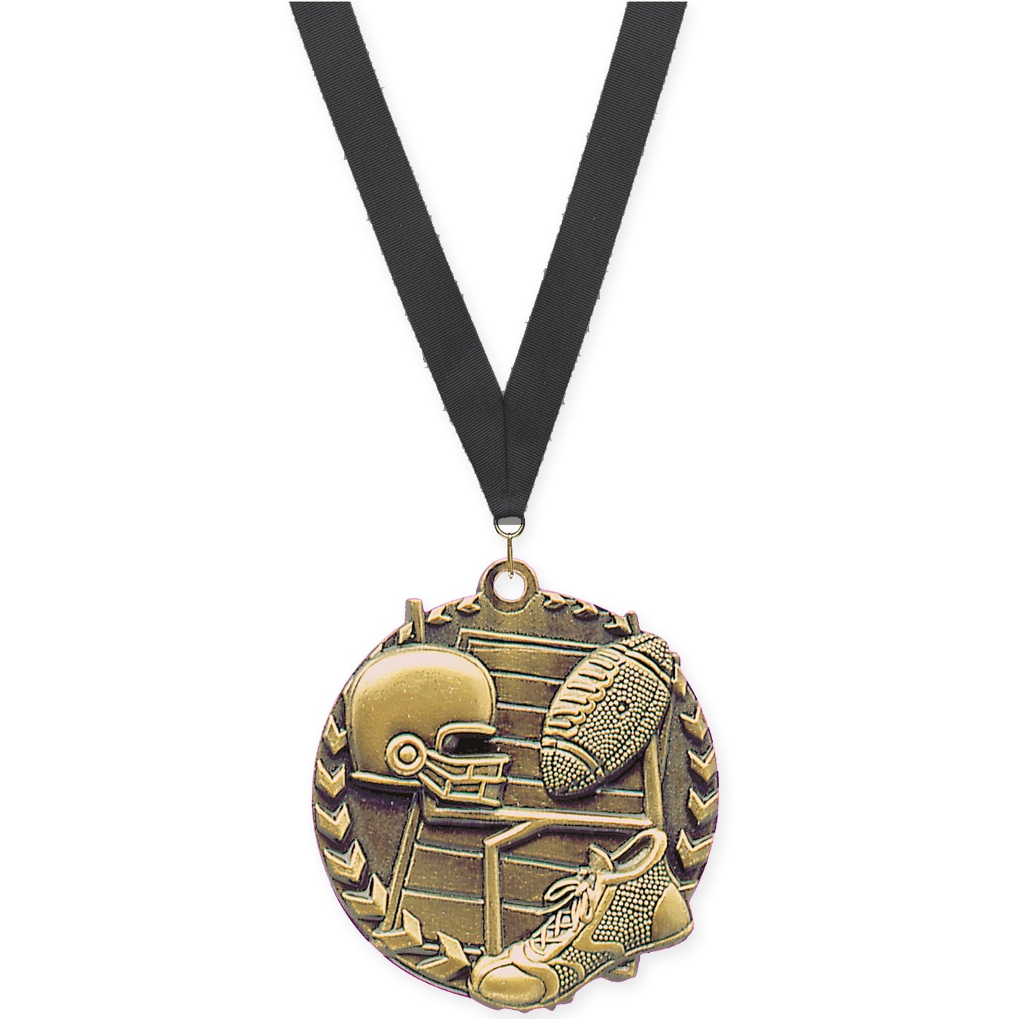 1 3/4 inch football Millennium medal in bright gold with Black neck ribbon