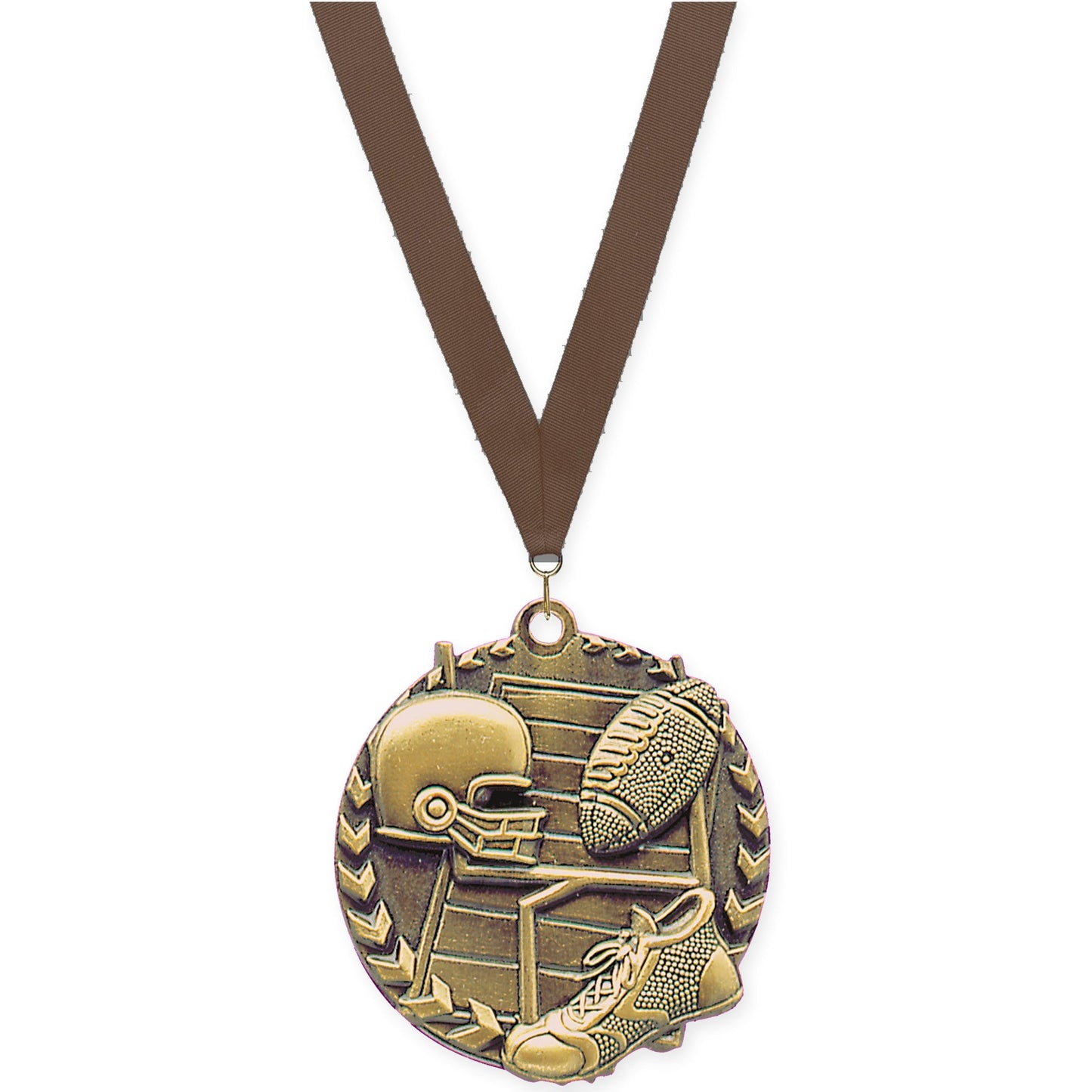 1 3/4 inch football Millennium medal in bright gold with Brown neck ribbon