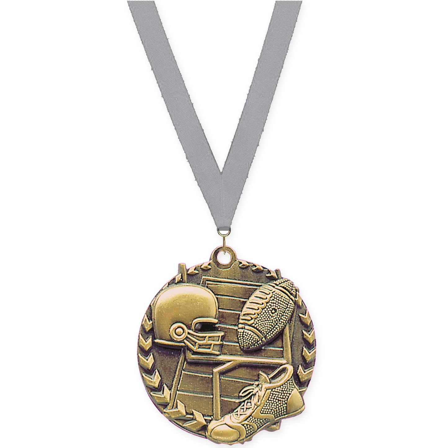1 3/4 inch football Millennium medal in bright gold with Gray neck ribbon