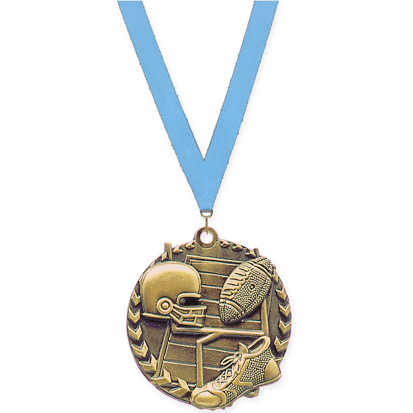 1 3/4 inch football Millennium medal in bright gold with Light Blue neck ribbon