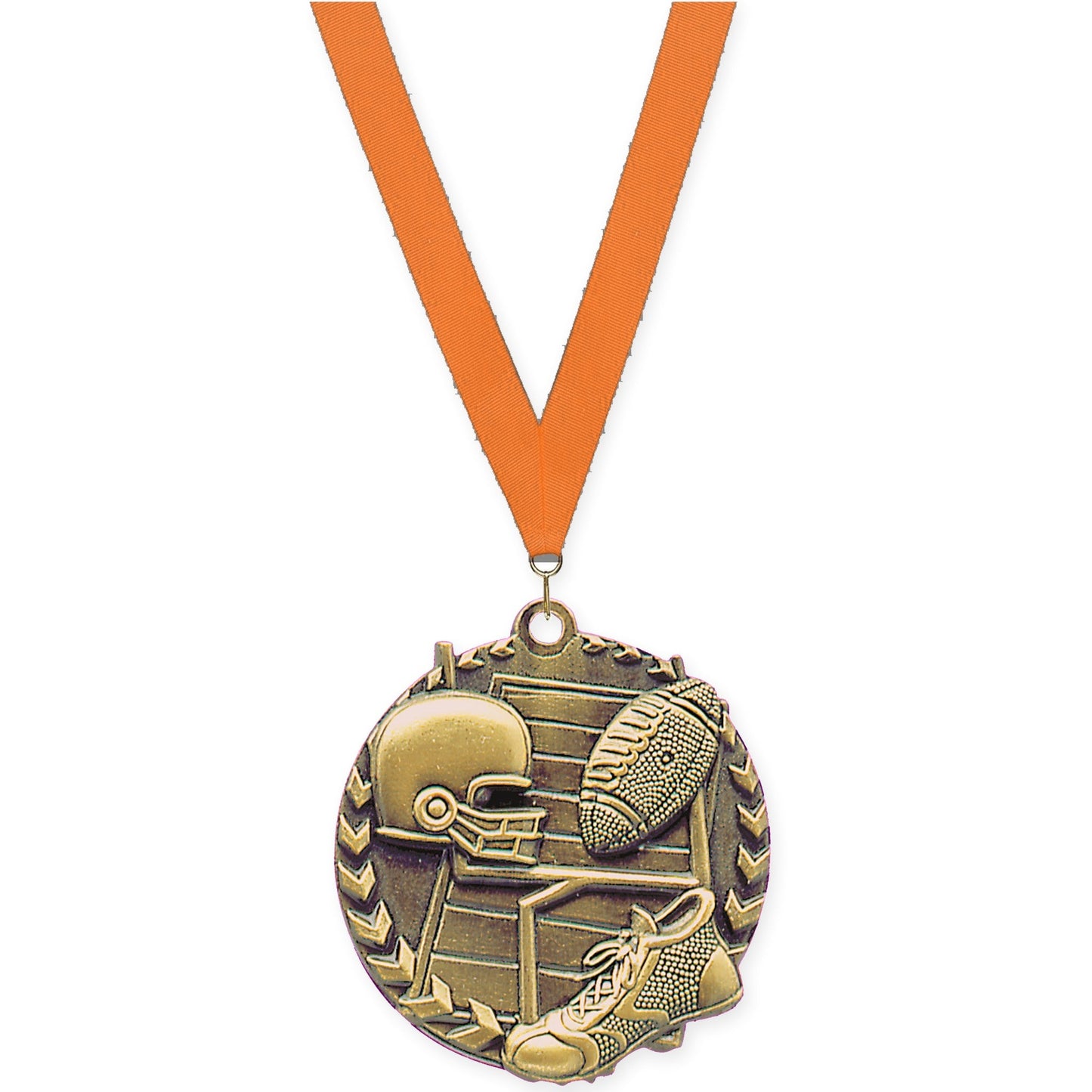 1 3/4 inch football Millennium medal in bright gold with Orange neck ribbon