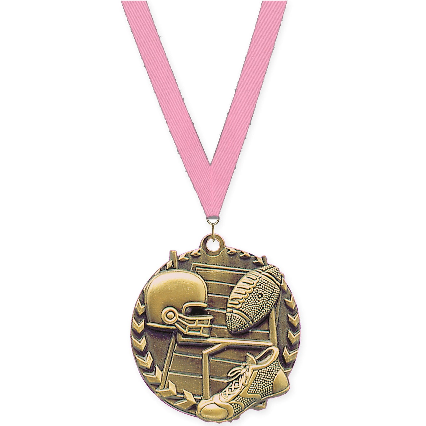 1 3/4 inch football Millennium medal in bright gold with Pink neck ribbon