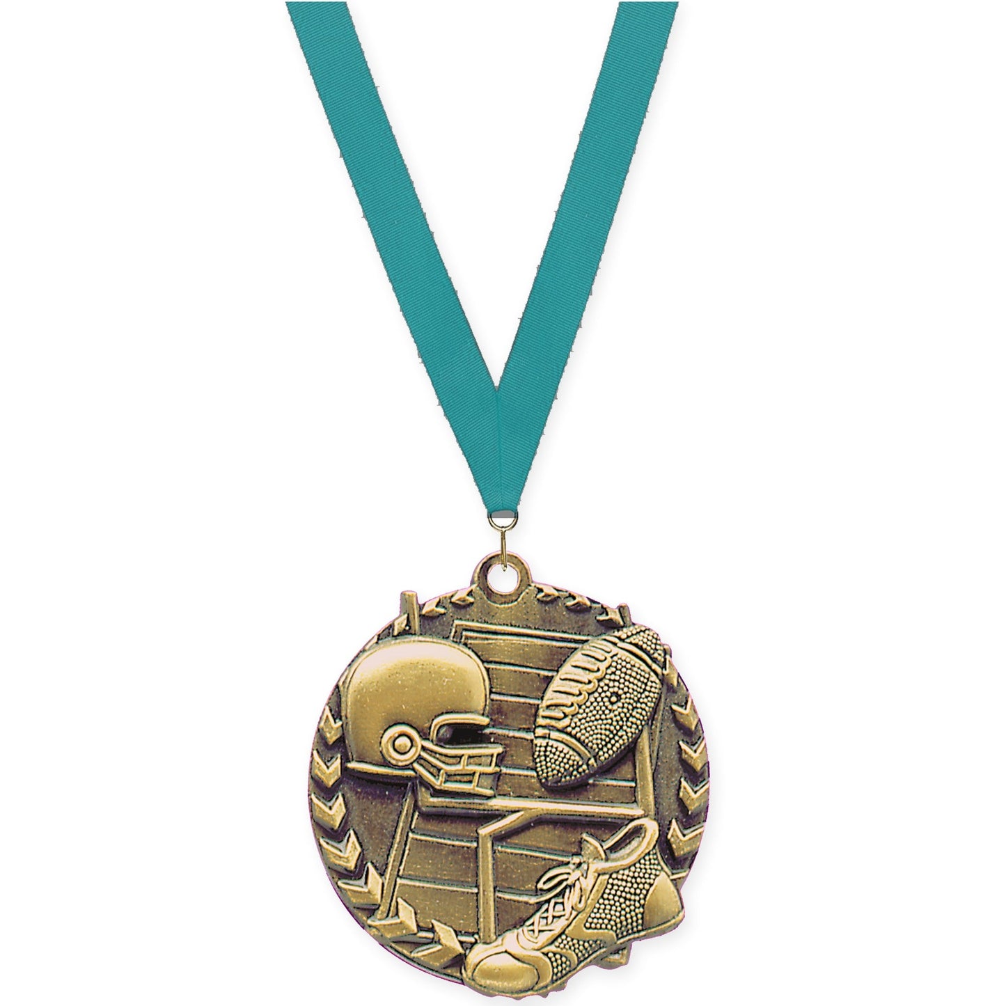 1 3/4 inch football Millennium medal in bright gold with Teal neck ribbon