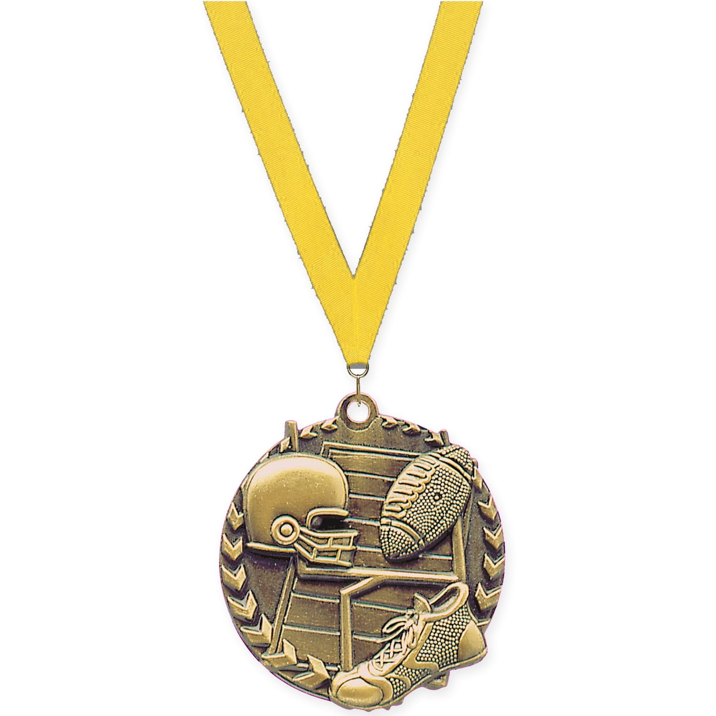 1 3/4 inch football Millennium medal in bright gold with Yellow neck ribbon