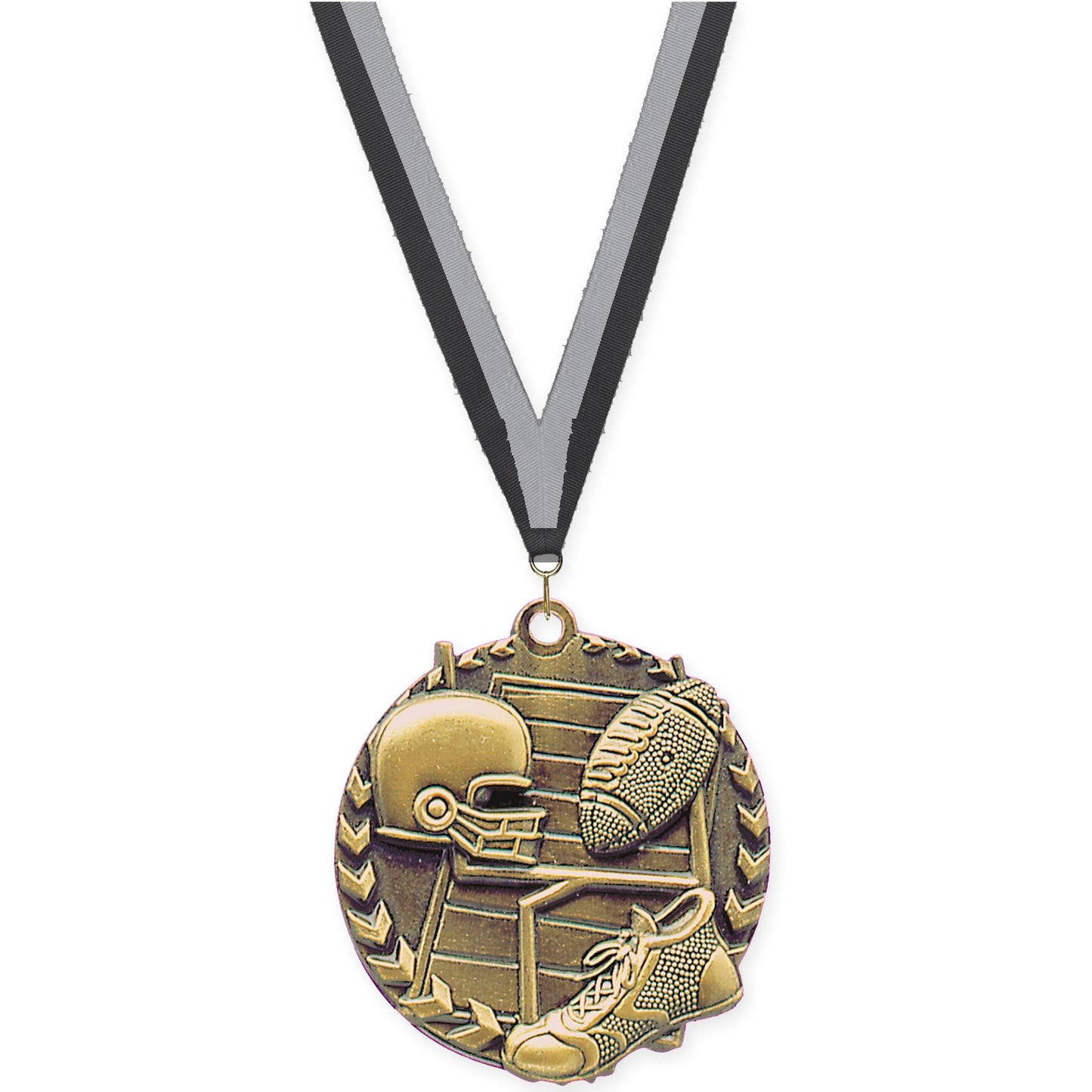 1 3/4 inch football Millennium medal in bright gold with Black Gray neck ribbon