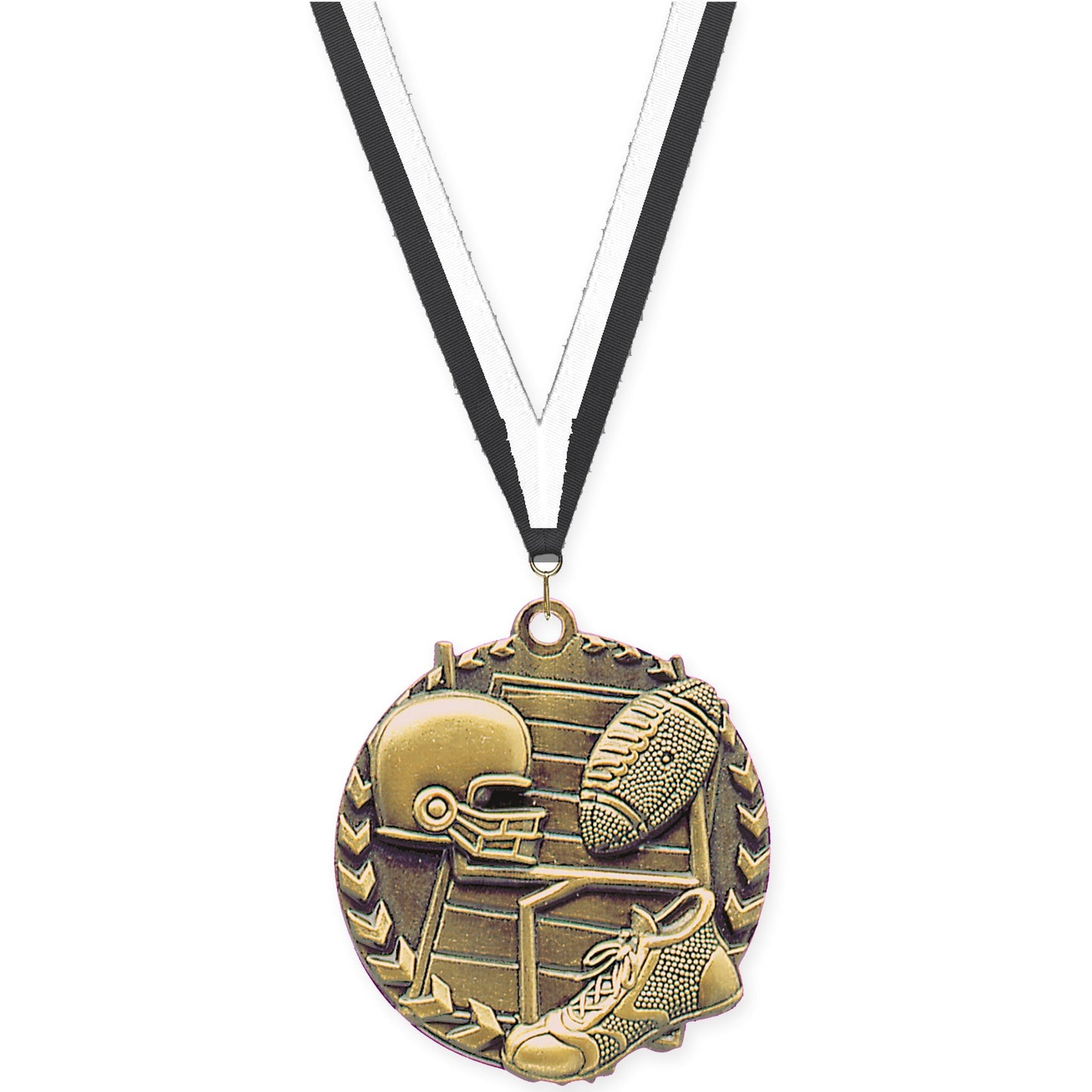 1 3/4 inch football Millennium medal in bright gold with Black White neck ribbon