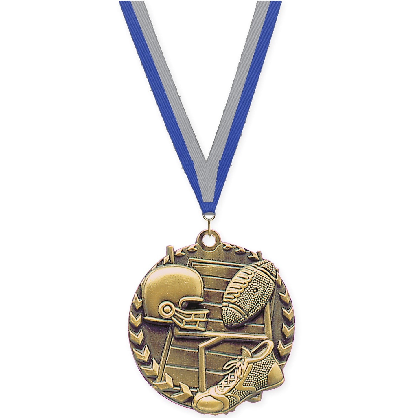 1 3/4 inch football Millennium medal in bright gold with Blue Gray neck ribbon