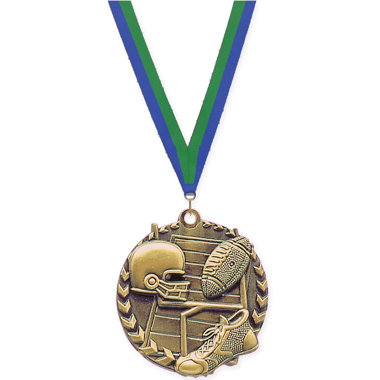 1 3/4 inch football Millennium medal in bright gold with Blue Green neck ribbon