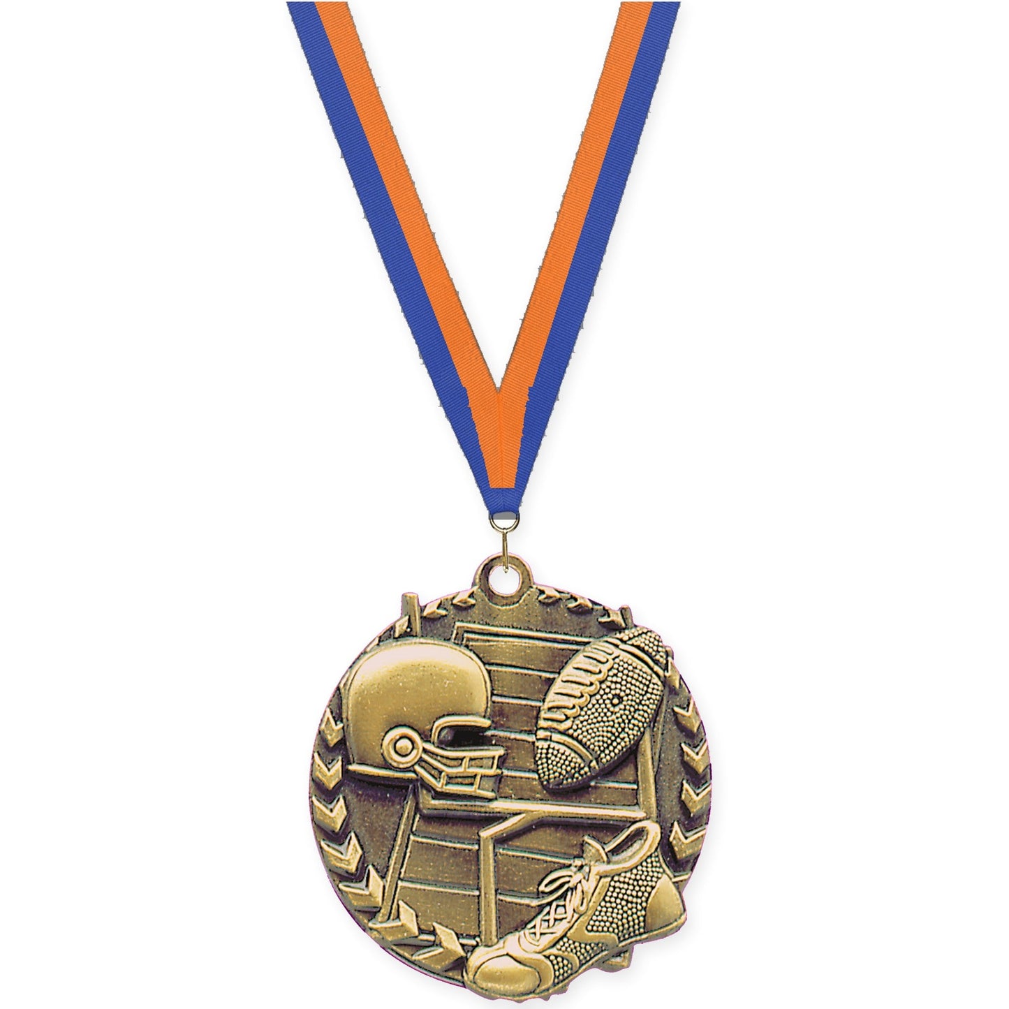 1 3/4 inch football Millennium medal in bright gold with Blue Orange neck ribbon