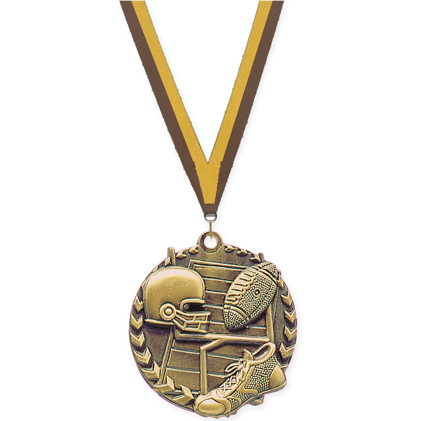 1 3/4 inch football Millennium medal in bright gold with Brown Gold neck ribbon