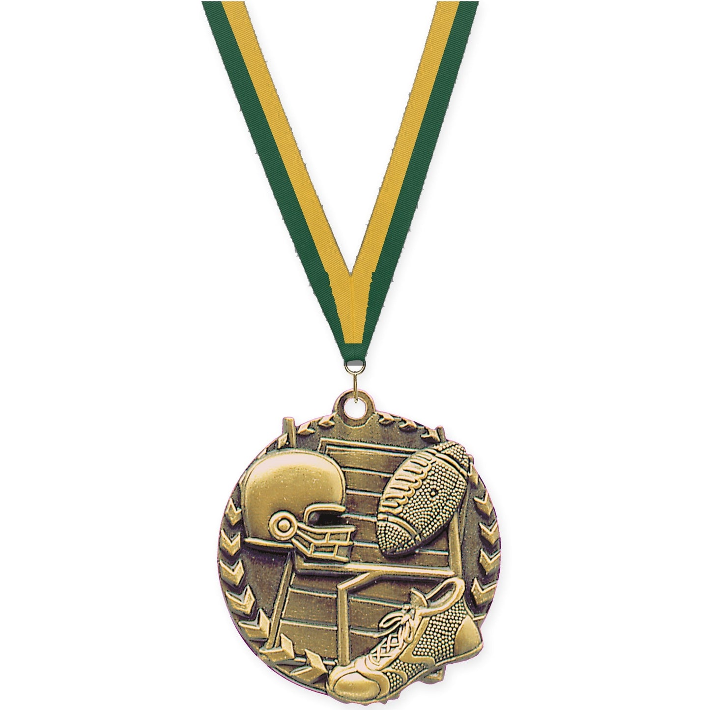 1 3/4 inch football Millennium medal in bright gold with Hunter Green Gold neck ribbon