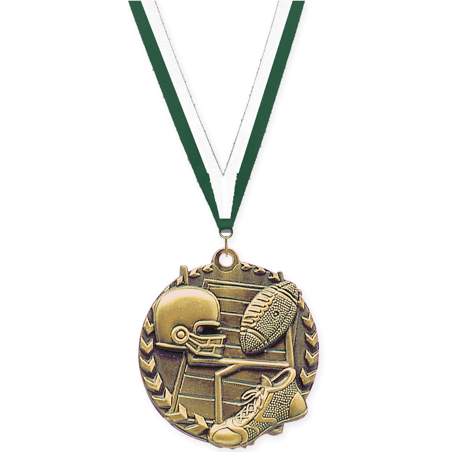 1 3/4 inch football Millennium medal in bright gold with Hunter Green White neck ribbon