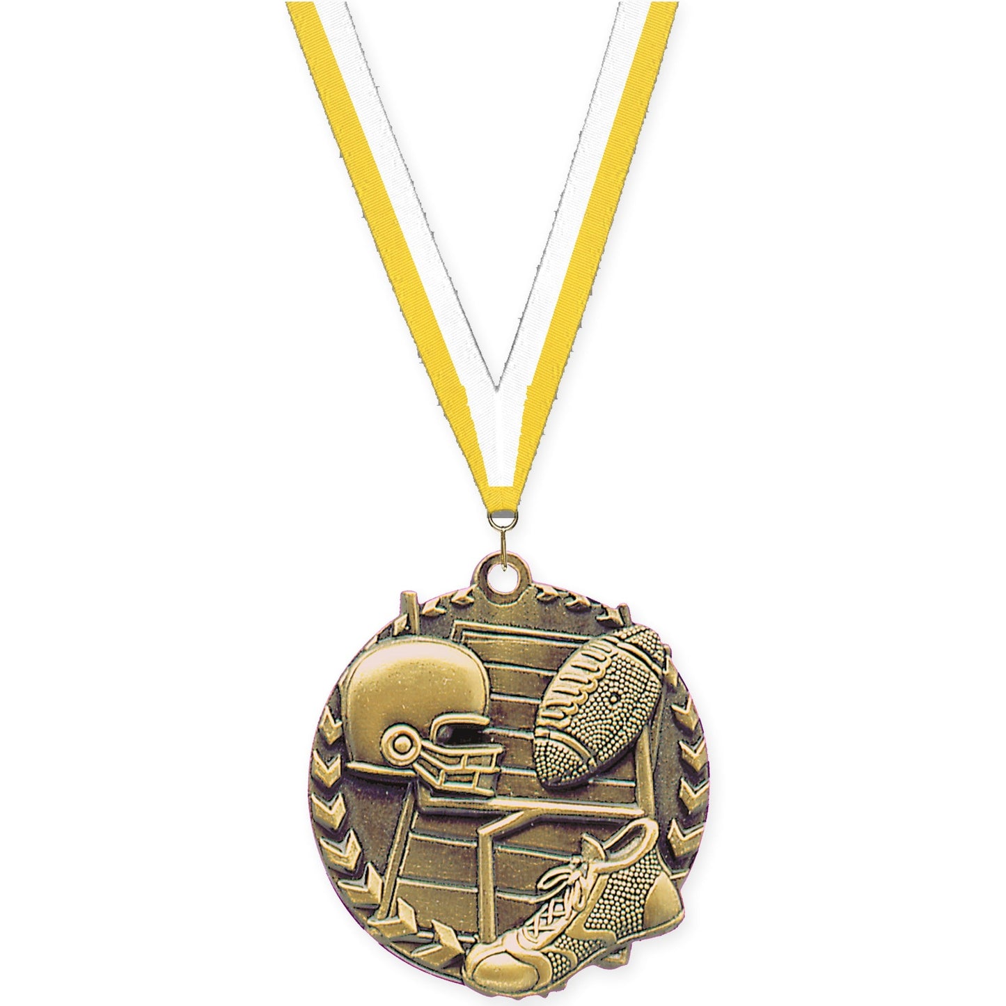 1 3/4 inch football Millennium medal in bright gold with Yellow White neck ribbon