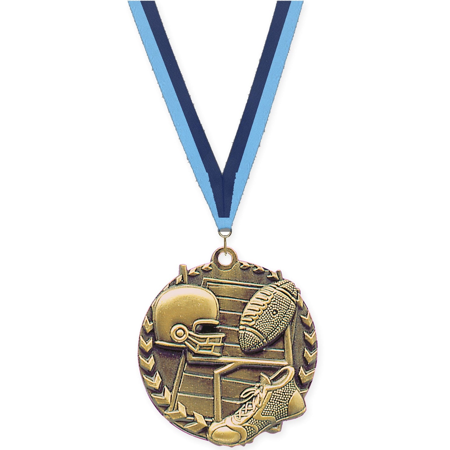 1 3/4 inch football Millennium medal in bright gold with Light Blue Navy neck ribbon
