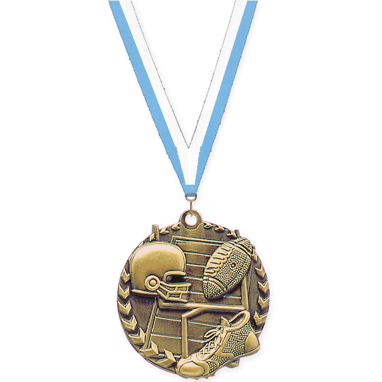 1 3/4 inch football Millennium medal in bright gold with Light Blue White neck ribbon