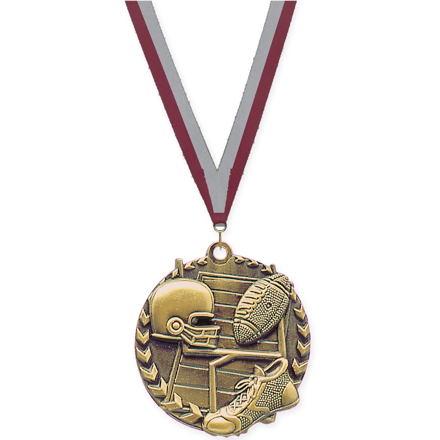 1 3/4 inch football Millennium medal in bright gold with Maroon Gray neck ribbon