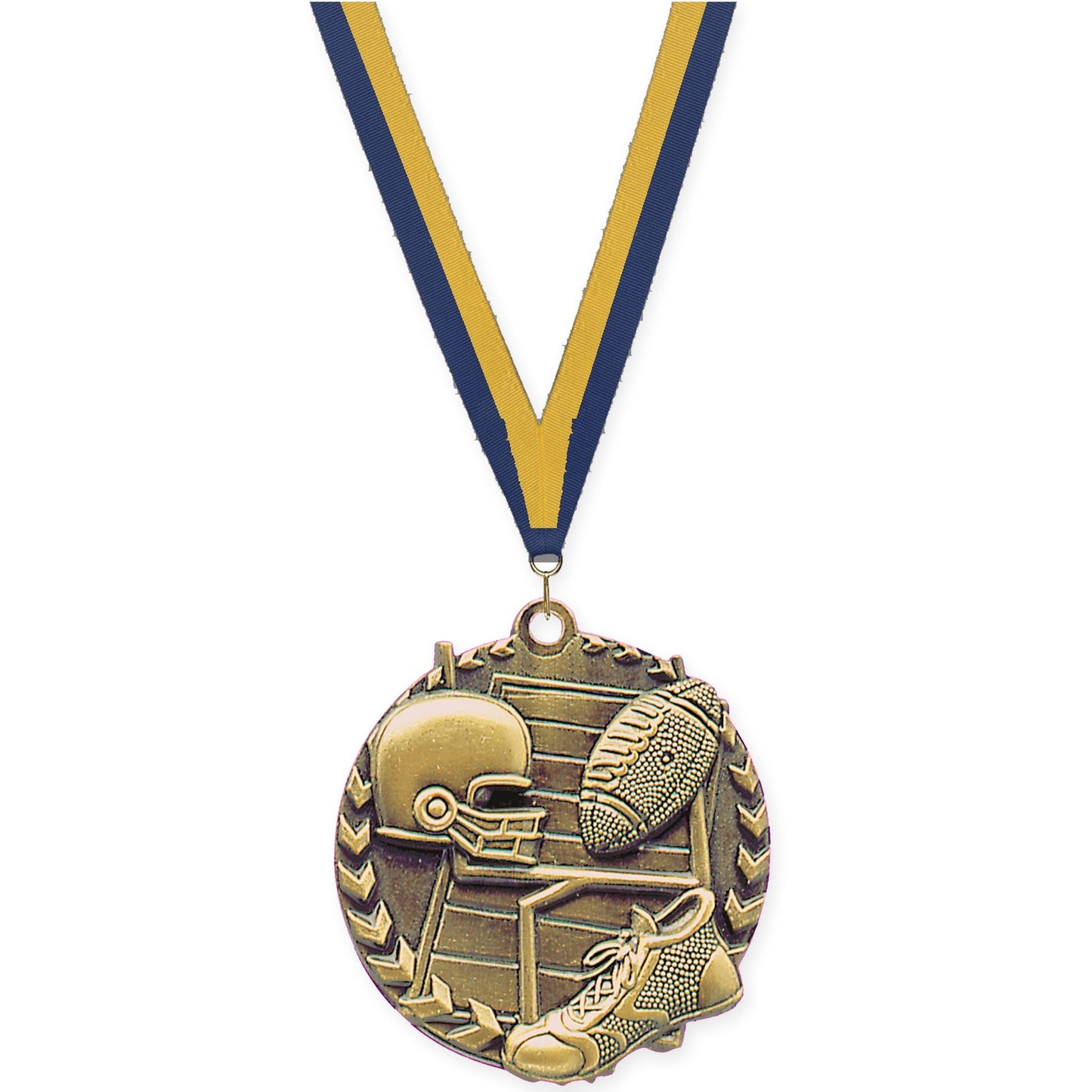 1 3/4 inch football Millennium medal in bright gold with Navy Gold neck ribbon