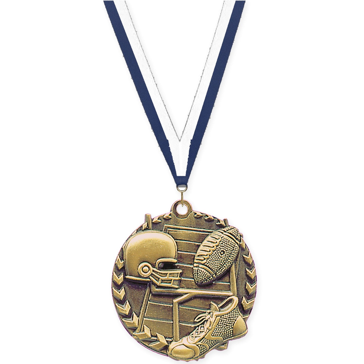 1 3/4 inch football Millennium medal in bright gold with Navy White neck ribbon