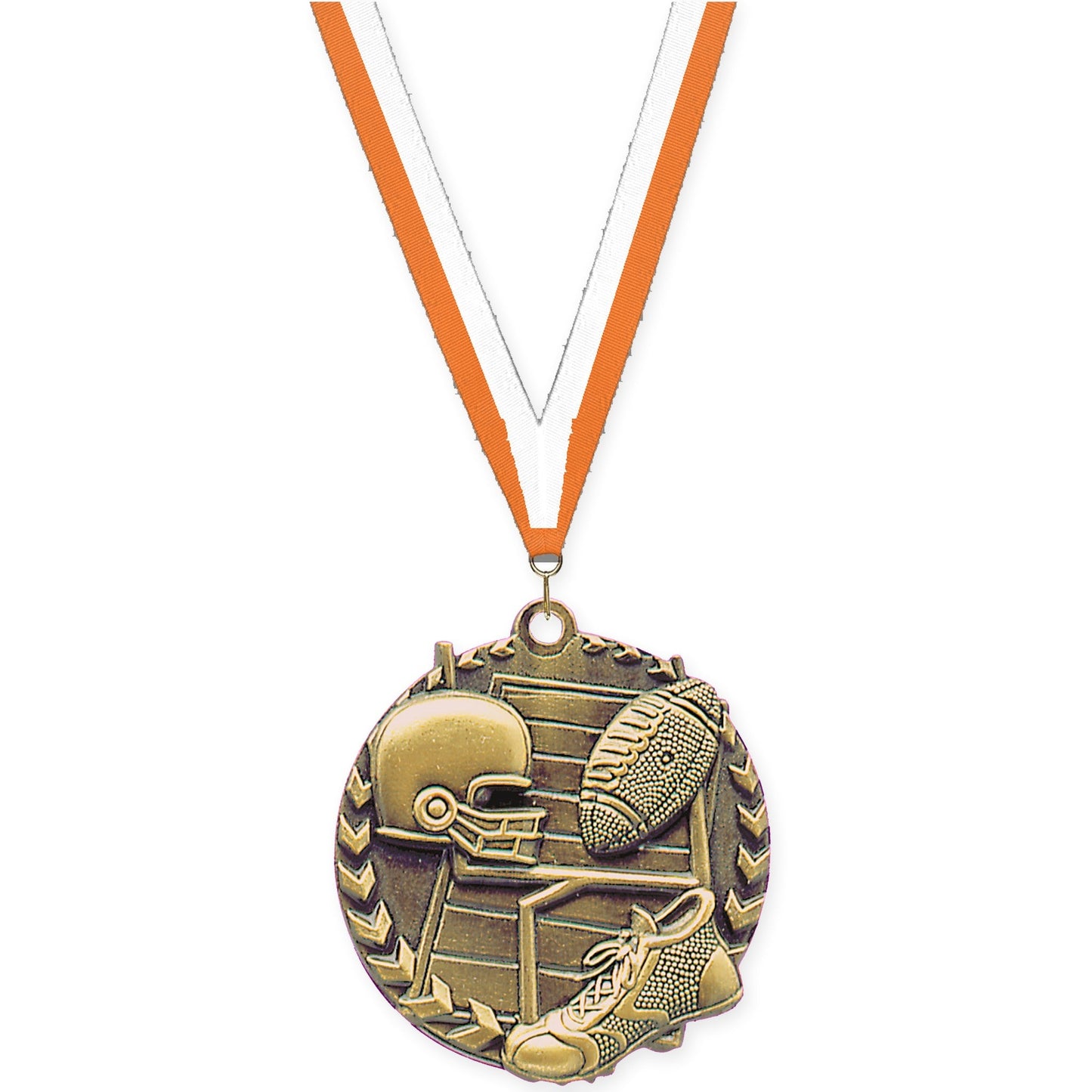 1 3/4 inch football Millennium medal in bright gold with Orange White neck ribbon