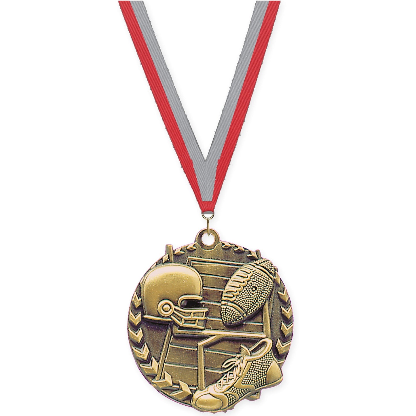 1 3/4 inch football Millennium medal in bright gold with Red Gray neck ribbon