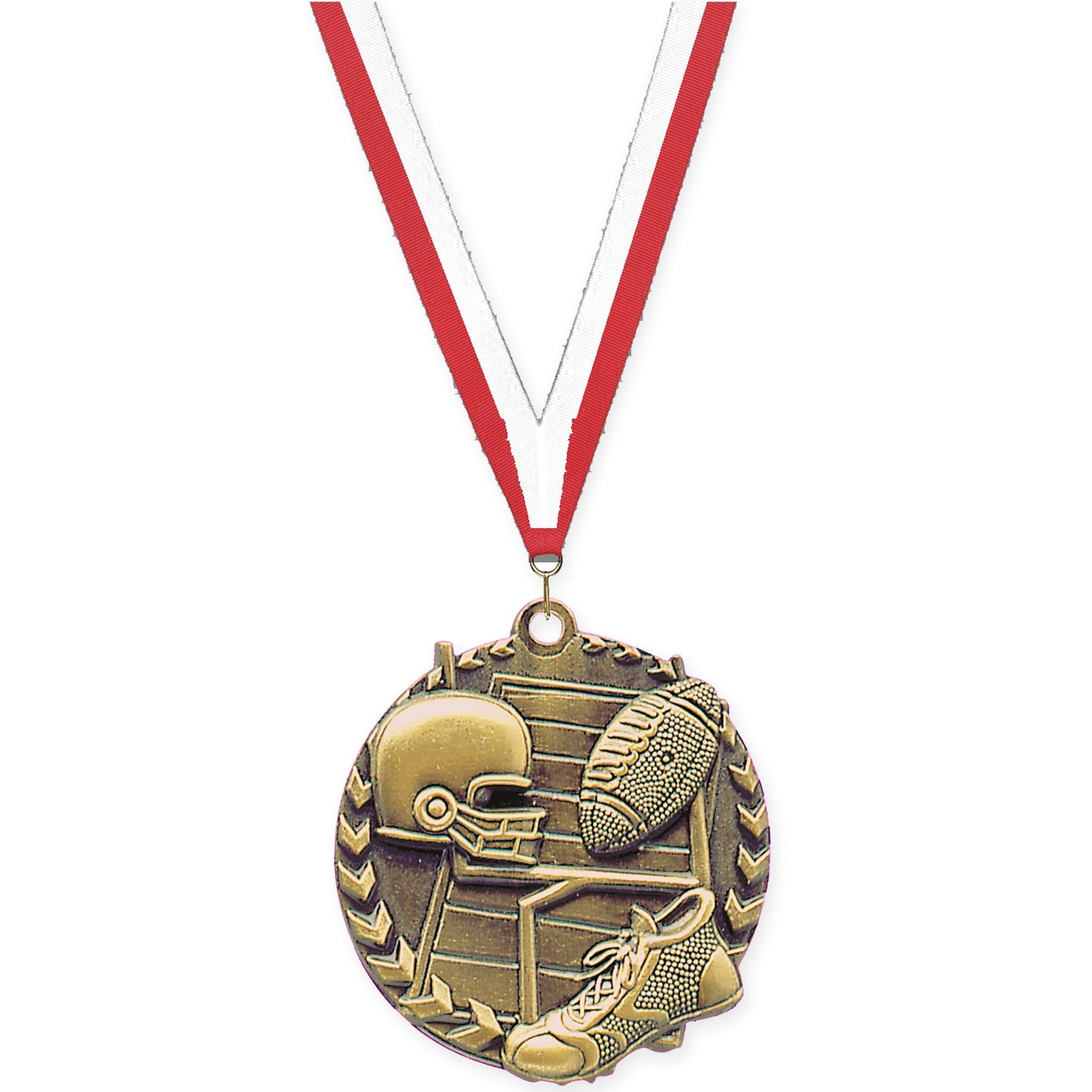 1 3/4 inch football Millennium medal in bright gold with Red White neck ribbon